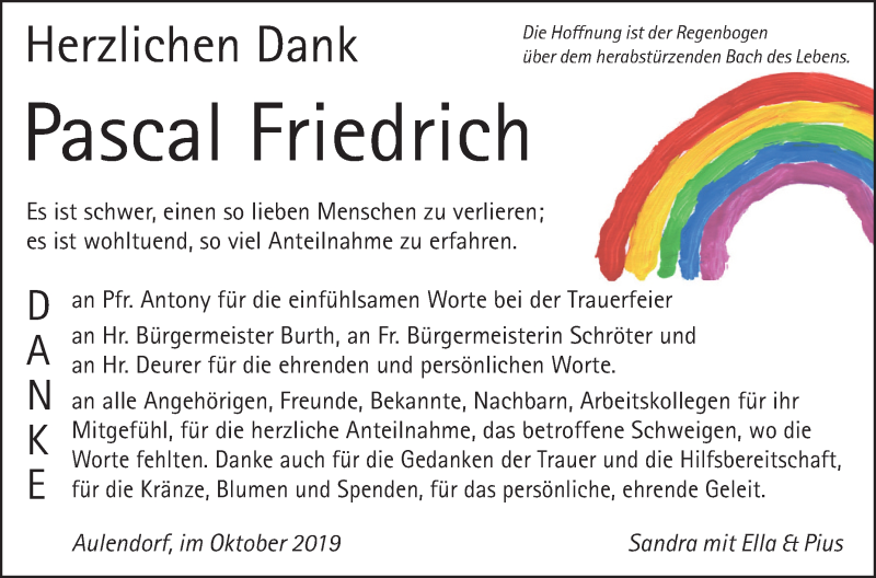  Traueranzeige für Pascal Friedrich vom 22.10.2019 aus Schwäbische Zeitung