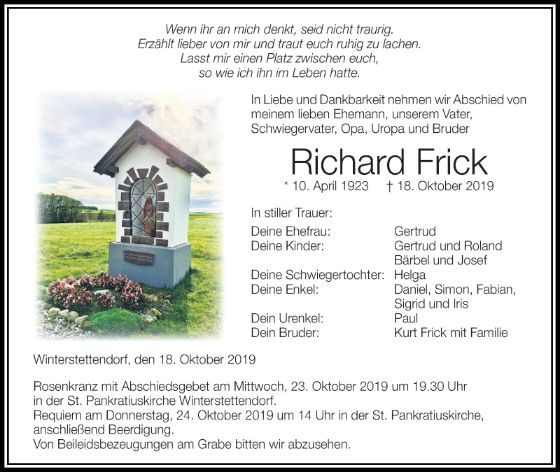  Traueranzeige für Richard Frick vom 22.10.2019 aus Schwäbische Zeitung
