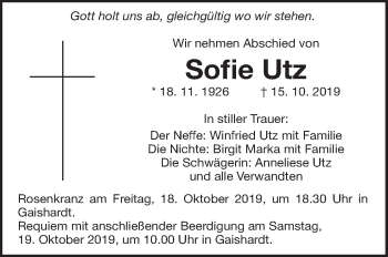 Anzeige von Sofie Utz von Schwäbische Zeitung