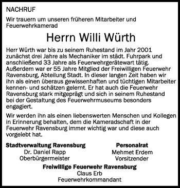 Anzeige von Willi Würth von Schwäbische Zeitung