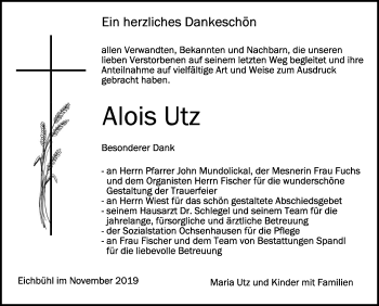 Anzeige von Alois Utz von Schwäbische Zeitung