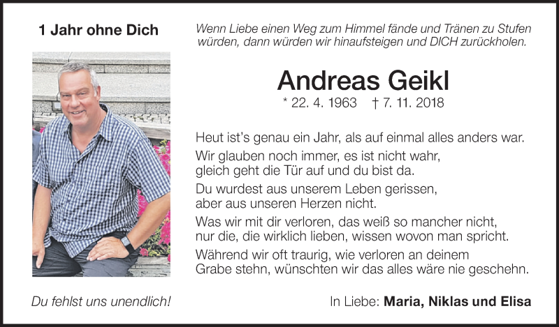  Traueranzeige für Andreas Geikl vom 07.11.2019 aus Schwäbische Zeitung