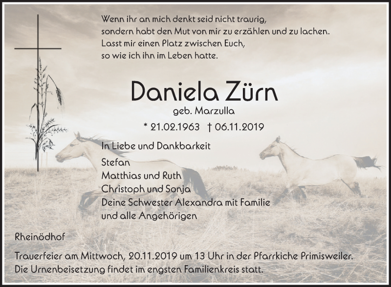  Traueranzeige für Daniela Zürn vom 16.11.2019 aus Schwäbische Zeitung