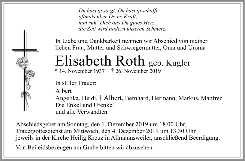 Traueranzeigen von Elisabeth Roth | schwaebische.de Trauerportal