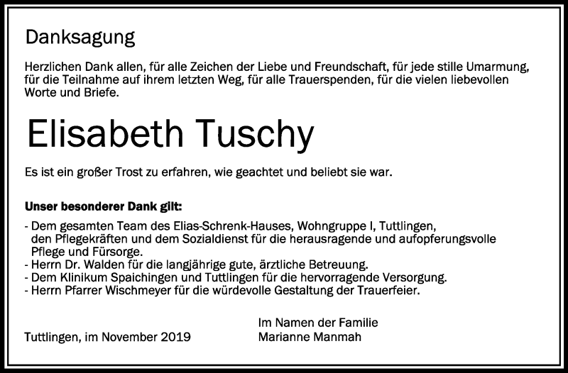  Traueranzeige für Elisabeth Tuschy vom 16.11.2019 aus Schwäbische Zeitung
