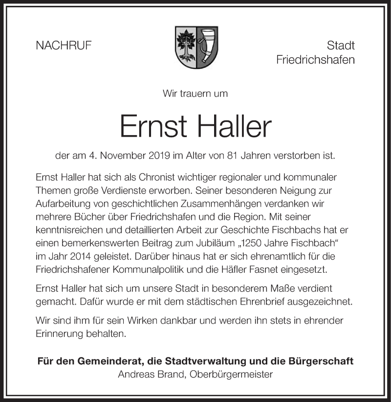  Traueranzeige für Ernst Haller vom 09.11.2019 aus Schwäbische Zeitung