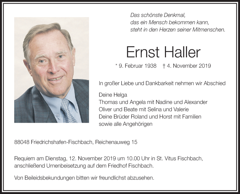  Traueranzeige für Ernst Haller vom 08.11.2019 aus Schwäbische Zeitung