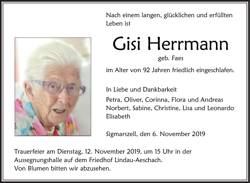 Traueranzeigen von Gisi Herrmann | schwaebische.de Trauerportal