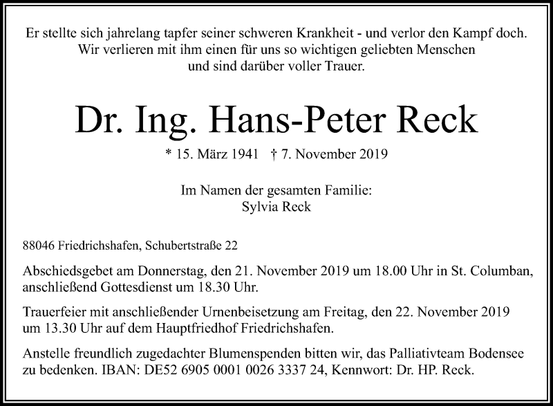 Traueranzeige für Hans-Peter Reck vom 16.11.2019 aus Schwäbische Zeitung
