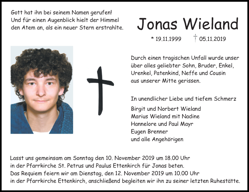  Traueranzeige für Jonas Wieland vom 08.11.2019 aus Schwäbische Zeitung