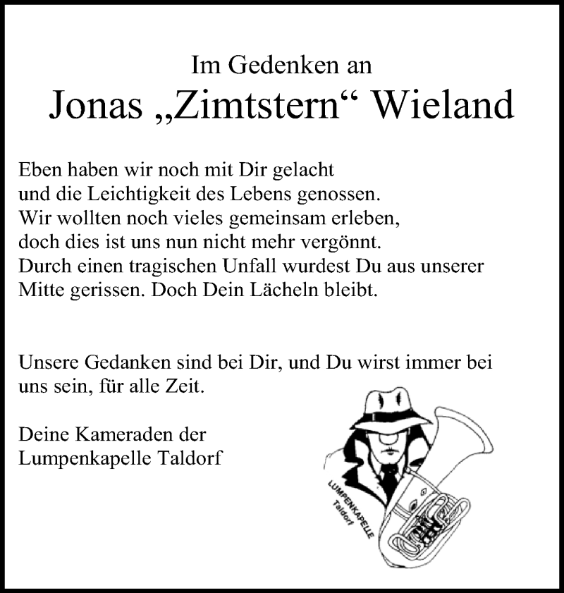  Traueranzeige für Jonas Wieland vom 09.11.2019 aus Schwäbische Zeitung