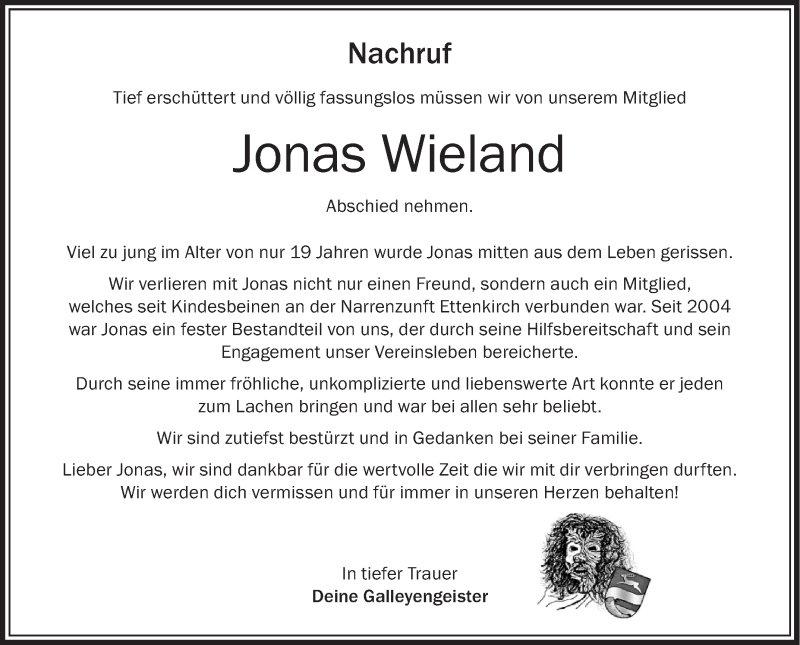  Traueranzeige für Jonas Wieland vom 12.11.2019 aus Schwäbische Zeitung