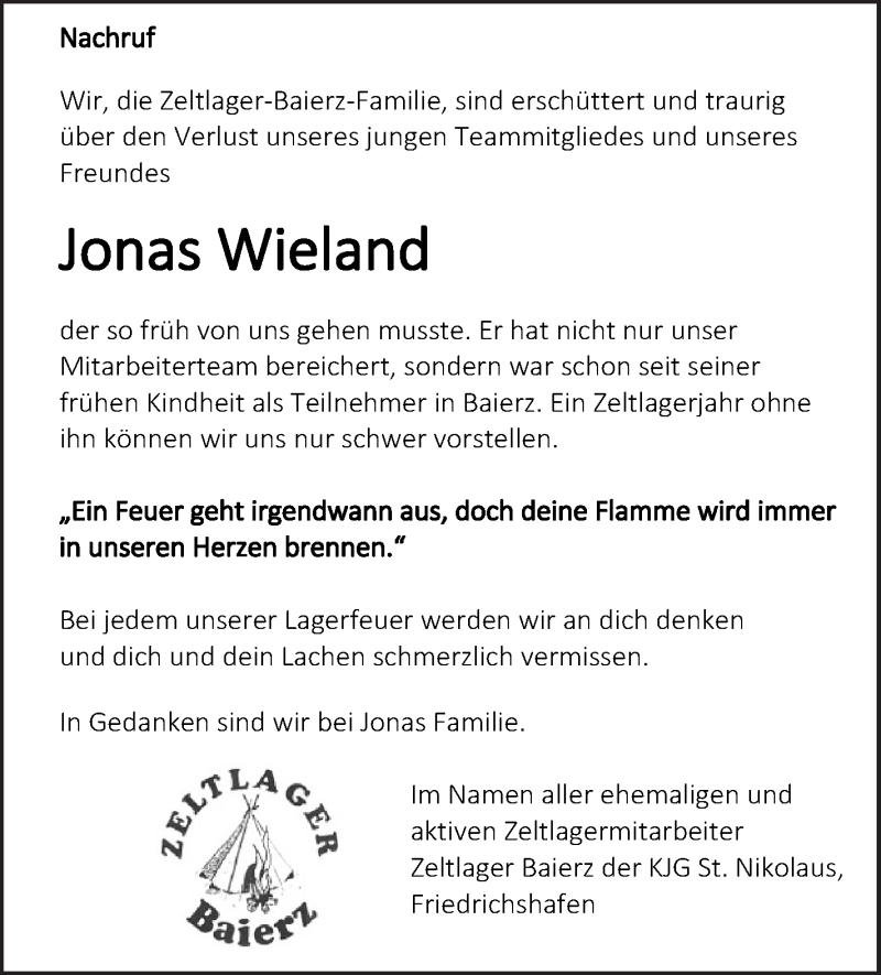  Traueranzeige für Jonas Wieland vom 16.11.2019 aus Schwäbische Zeitung