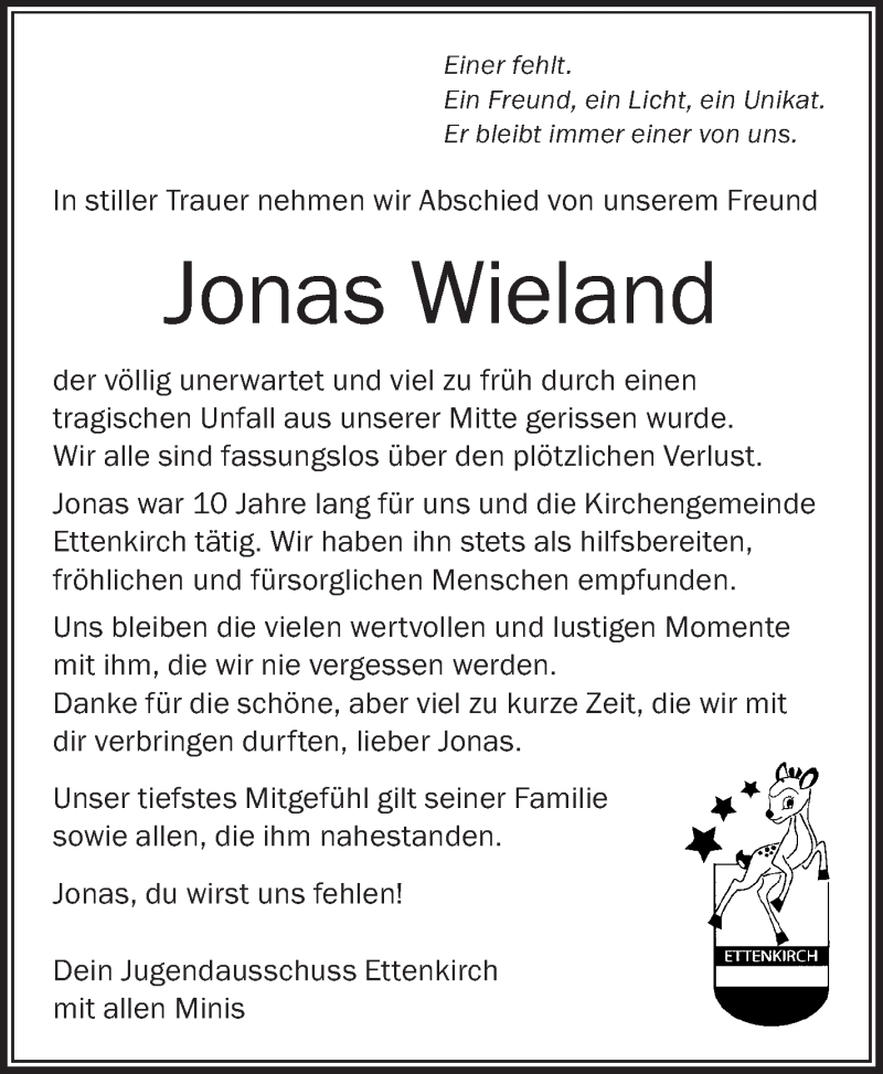  Traueranzeige für Jonas Wieland vom 11.11.2019 aus Schwäbische Zeitung