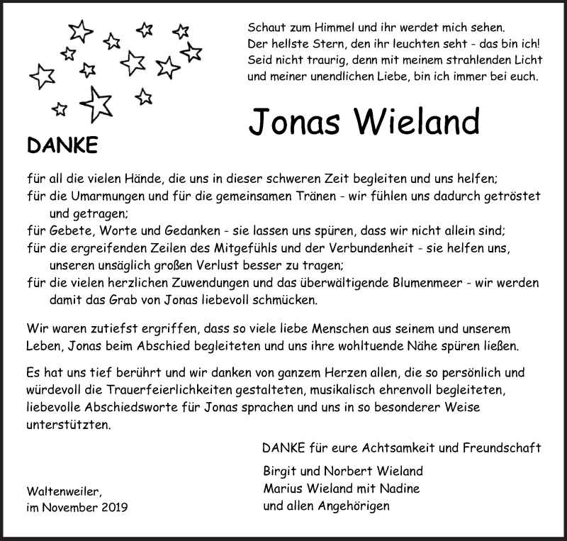  Traueranzeige für Jonas Wieland vom 19.11.2019 aus Schwäbische Zeitung