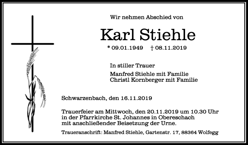 Traueranzeigen Von Karl Stiehle | Schwaebische.de Trauerportal