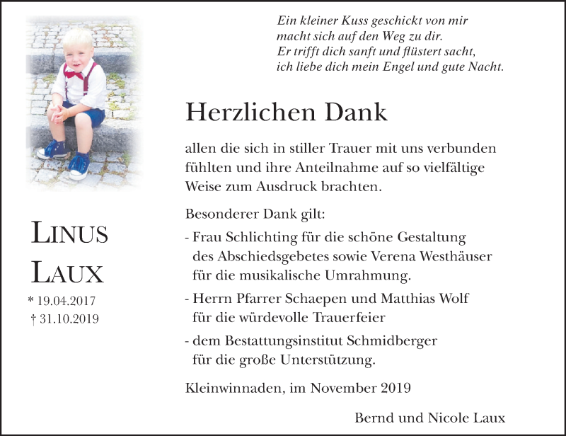  Traueranzeige für Linus Laux vom 16.11.2019 aus Schwäbische Zeitung