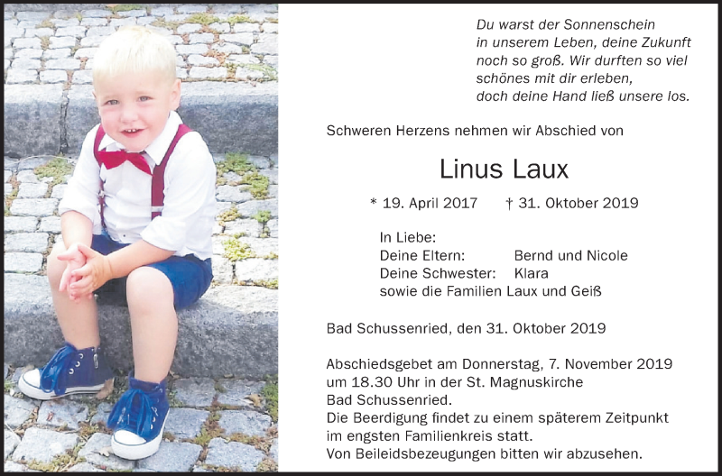 Traueranzeige für Linus Laux vom 05.11.2019 aus Schwäbische Zeitung