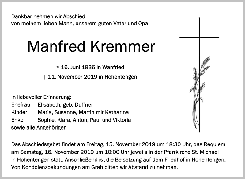  Traueranzeige für Manfred Kremmer vom 14.11.2019 aus Schwäbische Zeitung