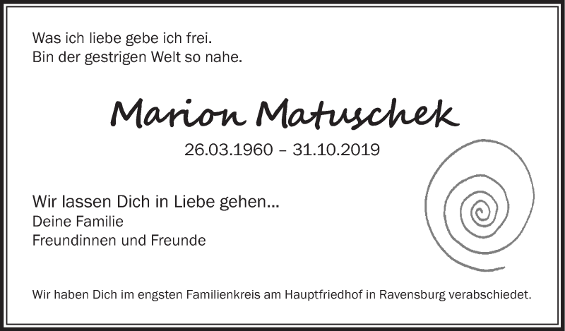  Traueranzeige für Marion Matuschek vom 16.11.2019 aus Schwäbische Zeitung