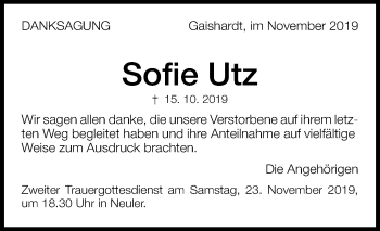 Anzeige von Sofie Utz von Schwäbische Zeitung