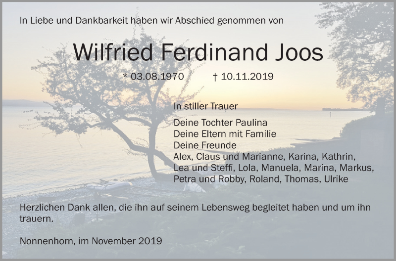  Traueranzeige für Wilfried Ferdinand Joos vom 30.11.2019 aus Schwäbische Zeitung
