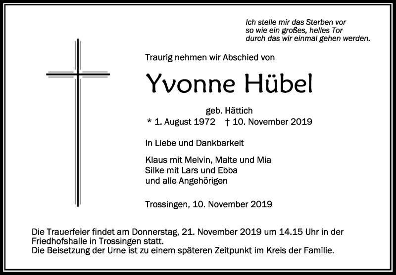  Traueranzeige für Yvonne Hübel vom 19.11.2019 aus Schwäbische Zeitung