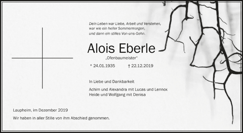  Traueranzeige für Alois Eberle vom 31.12.2019 aus Schwäbische Zeitung