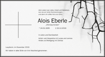 Anzeige von Alois Eberle von Schwäbische Zeitung