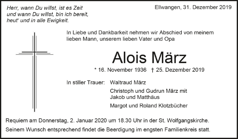  Traueranzeige für Alois März vom 31.12.2019 aus Schwäbische Zeitung