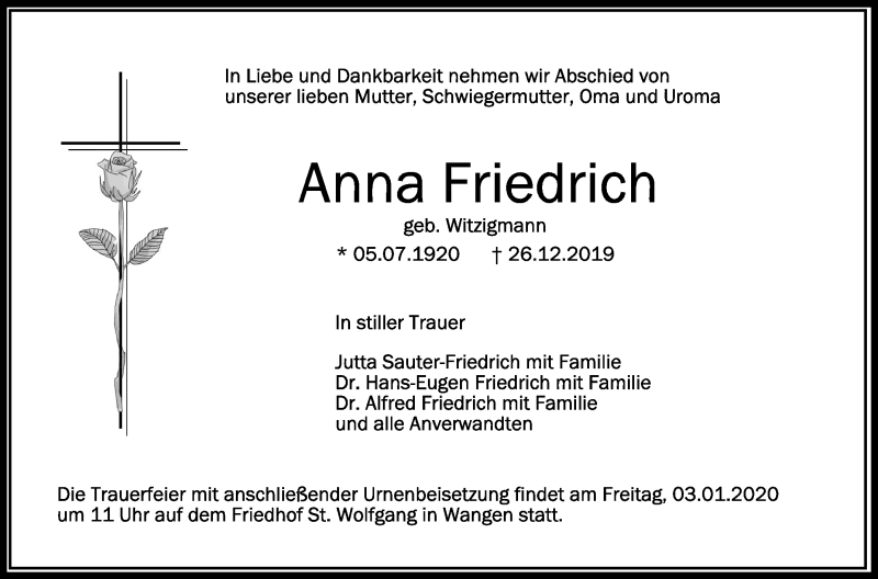  Traueranzeige für Anna Friedrich vom 31.12.2019 aus Schwäbische Zeitung