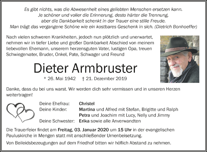  Traueranzeige für Dieter Armbruster vom 31.12.2019 aus Schwäbische Zeitung