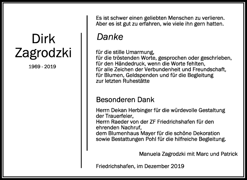  Traueranzeige für Dirk Zagrodzki vom 31.12.2019 aus Schwäbische Zeitung
