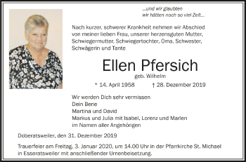 Anzeige von Ellen Pfersich von Schwäbische Zeitung