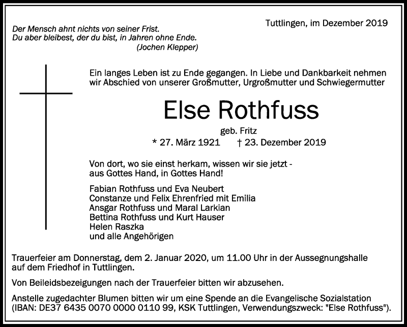  Traueranzeige für Else Rothfuss vom 31.12.2019 aus Schwäbische Zeitung