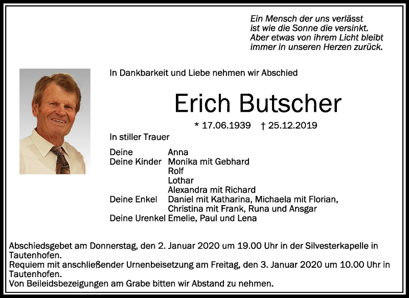  Traueranzeige für Erich Butscher vom 31.12.2019 aus Schwäbische Zeitung