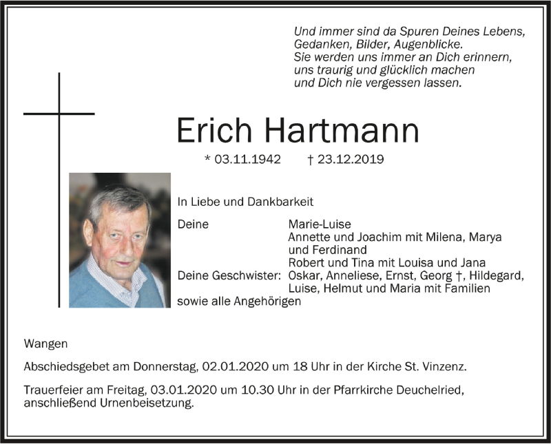 Traueranzeige für Erich Hartmann vom 31.12.2019 aus Schwäbische Zeitung