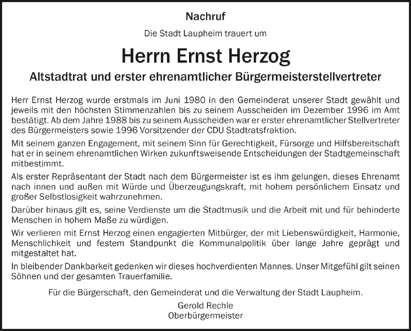  Traueranzeige für Ernst Herzog vom 31.12.2019 aus Schwäbische Zeitung