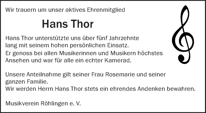  Traueranzeige für Hans Thor vom 04.12.2019 aus Schwäbische Zeitung