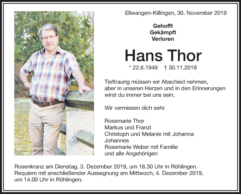  Traueranzeige für Hans Thor vom 02.12.2019 aus Schwäbische Zeitung