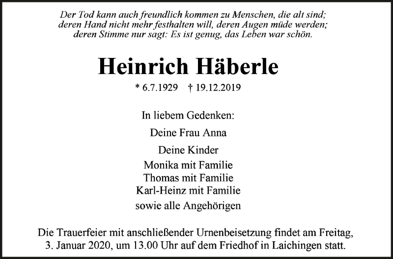  Traueranzeige für Heinrich Häberle vom 31.12.2019 aus Schwäbische Zeitung