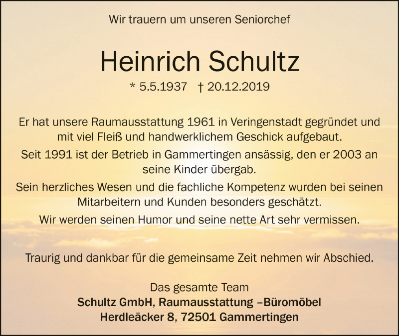  Traueranzeige für Heinrich Schultz vom 31.12.2019 aus Schwäbische Zeitung