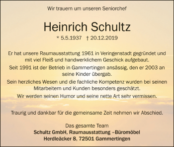 Anzeige von Heinrich Schultz von Schwäbische Zeitung