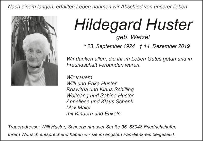  Traueranzeige für Hildegard Huster vom 31.12.2019 aus Schwäbische Zeitung