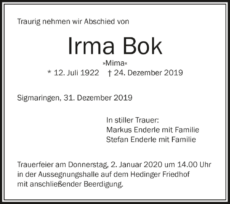  Traueranzeige für Irma Bok vom 31.12.2019 aus Schwäbische Zeitung