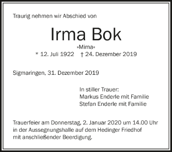 Anzeige von Irma Bok von Schwäbische Zeitung