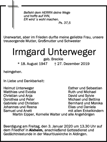 Anzeige von Irmgard Unterweger von Schwäbische Zeitung