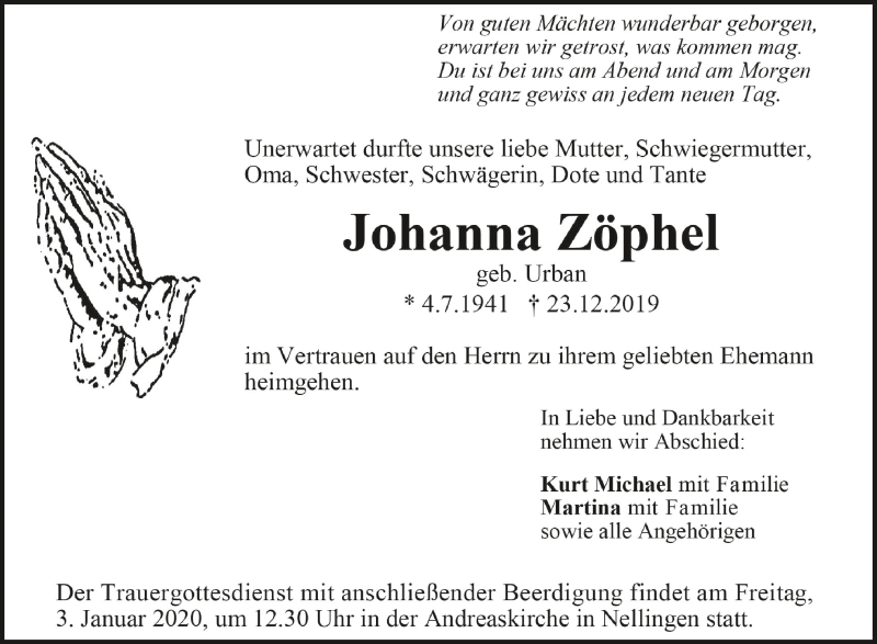  Traueranzeige für Johanna Zöphel vom 31.12.2019 aus Schwäbische Zeitung