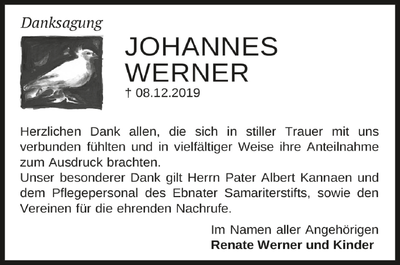  Traueranzeige für Johannes Werner vom 31.12.2019 aus Schwäbische Zeitung