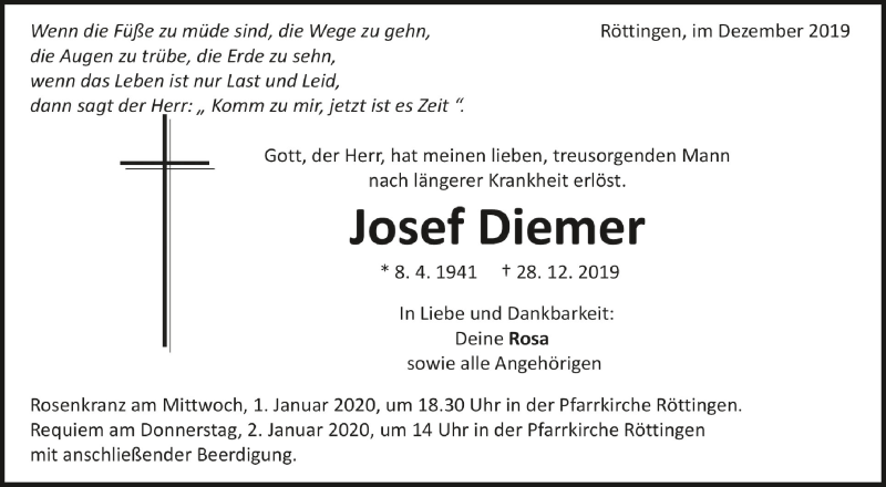  Traueranzeige für Josef Diemer vom 31.12.2019 aus Schwäbische Zeitung
